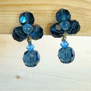 Vintage 1950s Dalsheim Blue Glass Flower Shape Droplet Bead Clip On Earrings